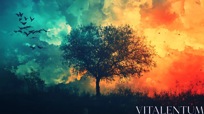 Silhouette tree divides teal dusk and fiery sunrise sky.