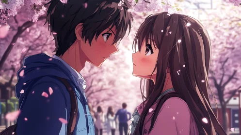 Blossom-bright confession pauses beneath drifting petals