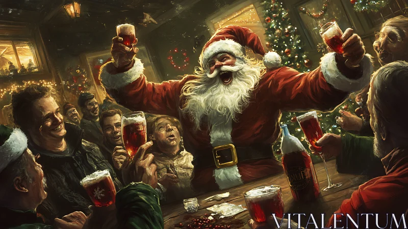 Santa leads a lively holiday toast in a festive tavern.