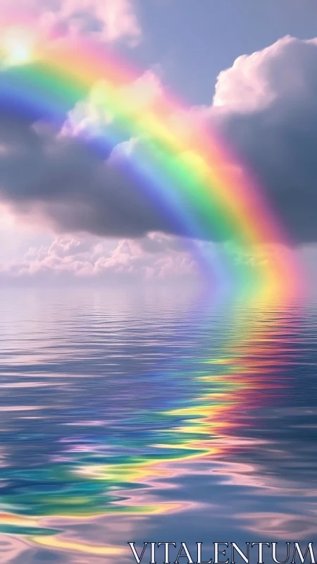 Iridescent rainbow arch reflecting across tranquil sea.