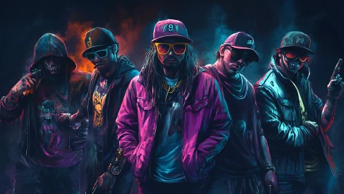 Five stylized figures stand in neon-lit urban streetwear