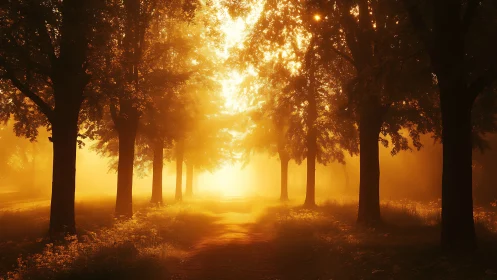 Golden sunrise path through a quiet, dreamlike forest.