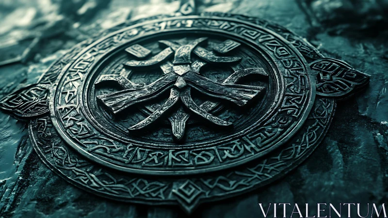 Ancient metal crest rests on weathered stone surface