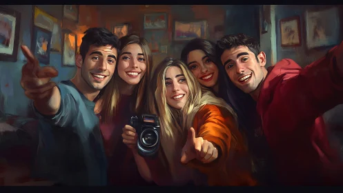 Vibrant friends’ selfie moment in painterly digital style.