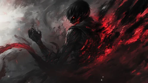 Ebon wraith ignites a bloodred storm of unraveling shadows.