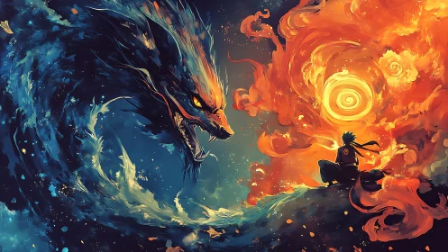 Fiery spirit and tidal dragon locked in a cosmic standoff.