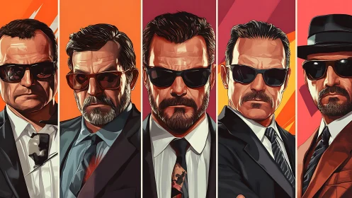 Stylized suited enforcers in bold split-panel portrait series.