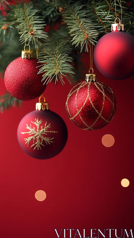 Red Christmas baubles hang under evergreen branch
