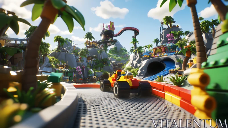 Lego island racetrack curves through tropical canyonscape.