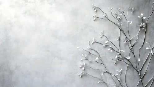 Minimalist botanical wall art with delicate white branches on gray.
