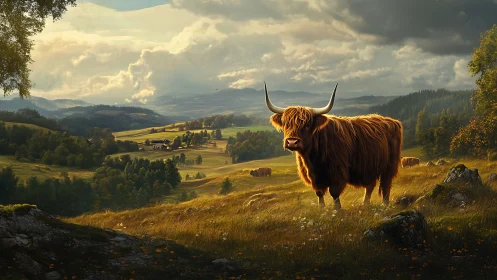 Long-horned cow stands in sunlit valley landscape