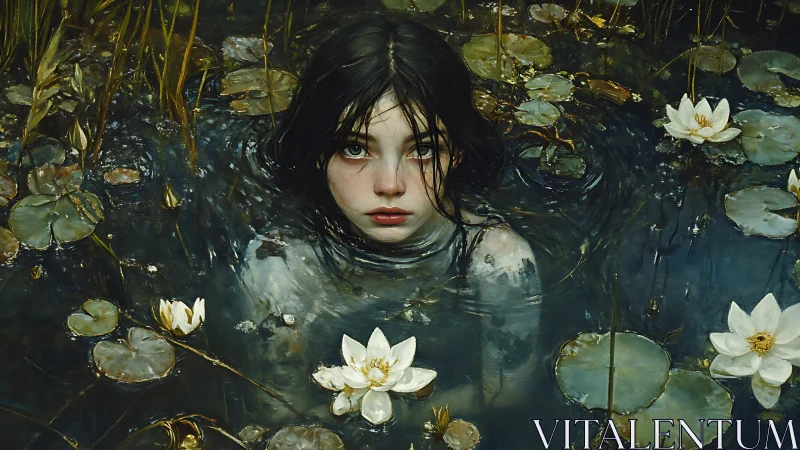 Haunting girl in moonlit lily pond holds a quiet gaze