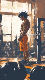 Muscular anime athlete rests by squat rack in high-contrast gym light