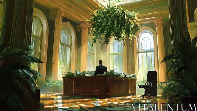 Executive in sunlit neo-classical office with lush foliage.