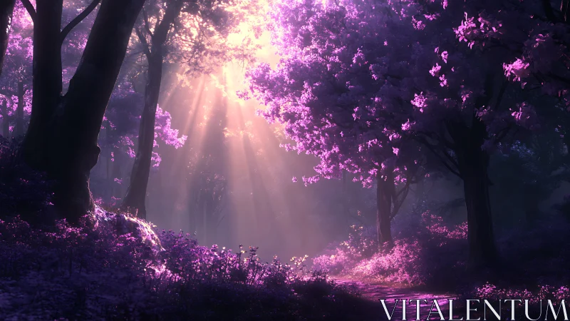 Luminous violet forest path under cascading sunbeams.
