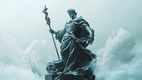 Stormy bronze deity statue rising above dense clouds.