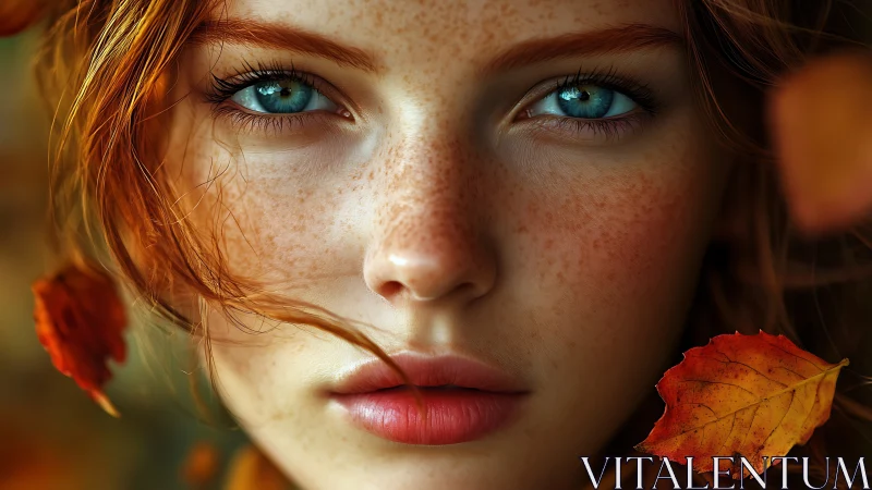 Autumn-eyed portrait of freckled redhead in vivid close-up.