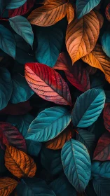 Velvety autumn leaves glow in teal, amber, and deep red