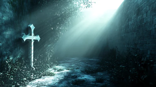 Stone cross catches cold light in overgrown corridor.