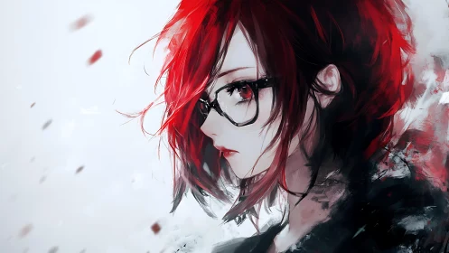 Red haired anime girl gazes sideways in a windswept silence