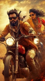 Motorcyclists ride through dusty desert road at speed.