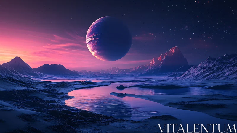 Luminescent exoplanet over glacial valley under magenta dusk