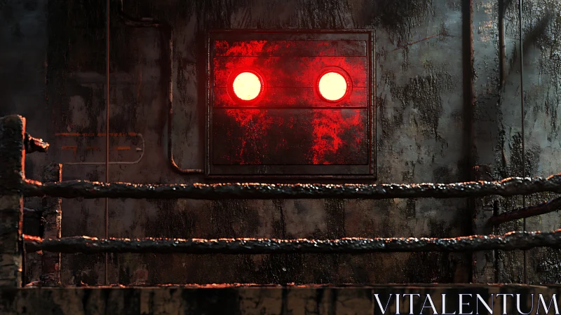Rusty industrial wall holds glowing red circular eyes