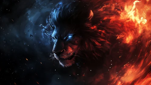 Bilateral elemental lion portrait divides fire and darkness