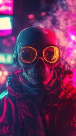 Neon lit skull figure with goggles in synthetic urban light.