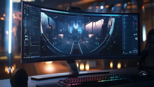 Curved ultrawide monitor in neon-lit gaming workspace.