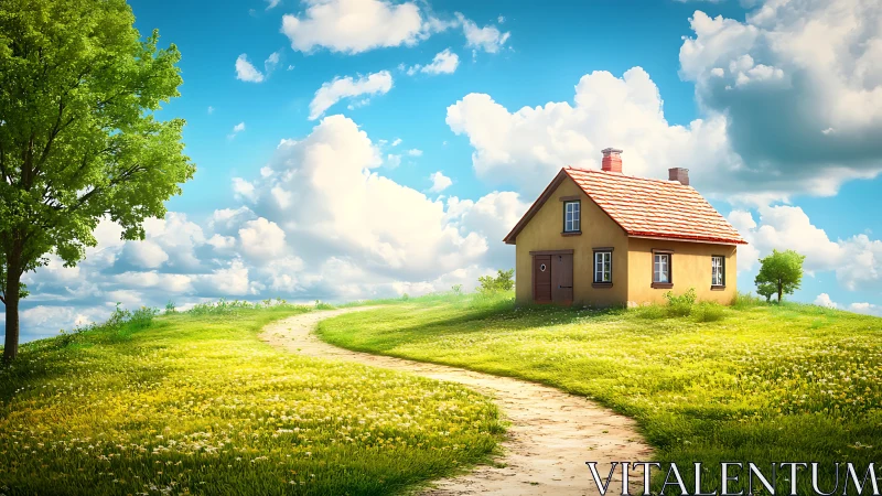 Sunlit hilltop cottage along a winding buttercup path dreamscape.