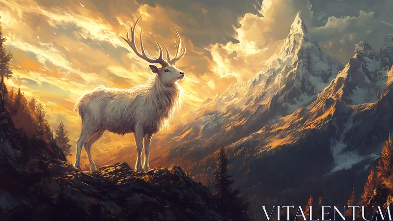 Dawnlit white stag crowned by blazing alpine ramparts of gold.