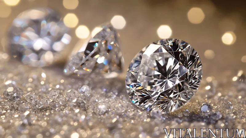Brilliant cut diamond glowing among sparkling loose stones.