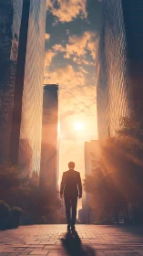 Silhouetted office worker in sunlit high-rise corridor at dawn.