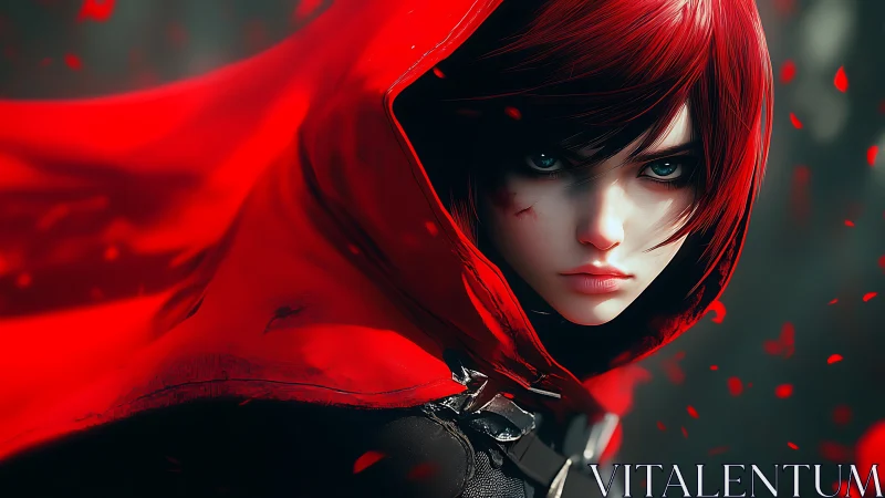 Red-hooded warrior stares forward with intense resolve