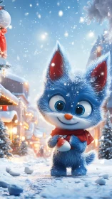 Blue furry creature in festive snowy street, stylized 3D render