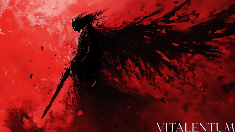 Silhouetted warrior stands in red field with fragmented cloak