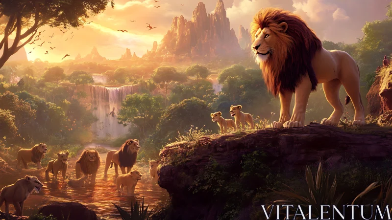 Lion Pride Surveys Mystical Kingdom at Golden Sunrise.