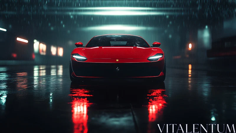 Red supercar under neon rain in cinematic low key lighting.