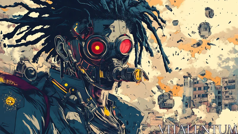 Post-apocalyptic scout with glowing visor surveys ruined cityscape.