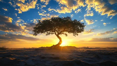 Solitary tree stands against bright coastal sunset sky
