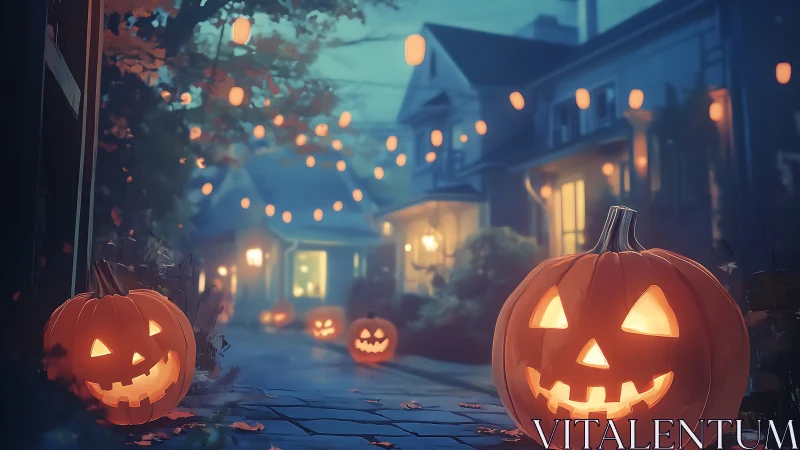 Illuminated carved pumpkins along residential walkway at dusk.