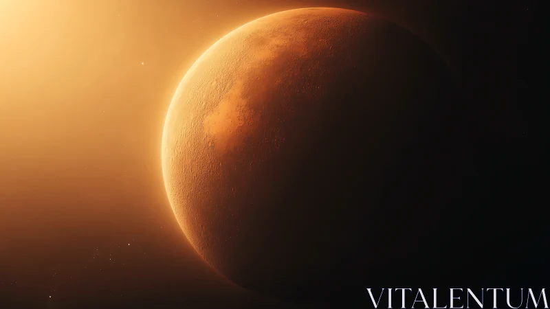 Sunlit red planet crescent in deep cosmic shadow.