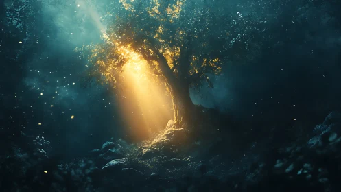 Solitary forest tree illuminated by focused golden light.