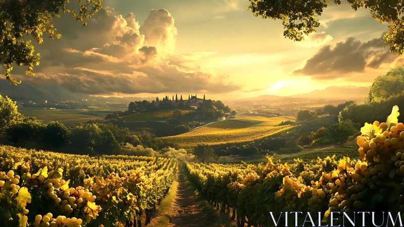 Golden vineyard sunset embracing a peaceful hilltop village.