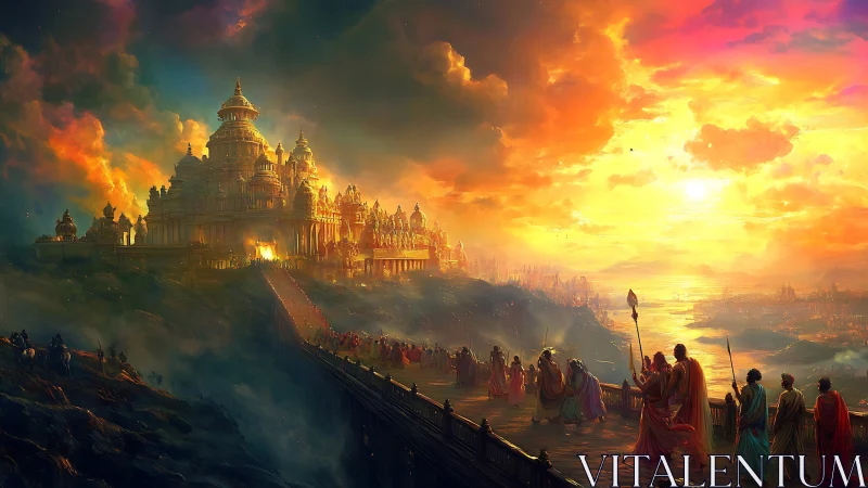 Sunlit temple city with robed procession at cliff edge.