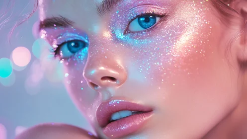 Glittered pastel makeup on close-up blue-eyed portrait.