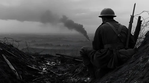 Solitary wartime sentry overlooking devastated smoky valley.