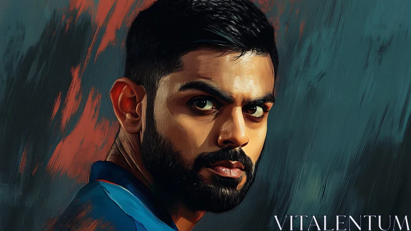 Profile portrait of male subject in blue shirt, painted.