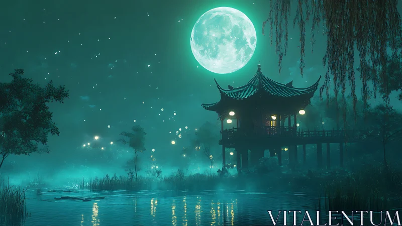 Lakeside pavilion under large full moon in misty night